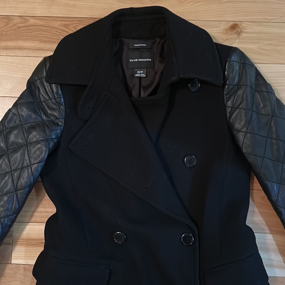 Club Monaco Carolina Italian Wool Pea Coat Lamb Leather sleeves Black size XS - Picture 6 of 13